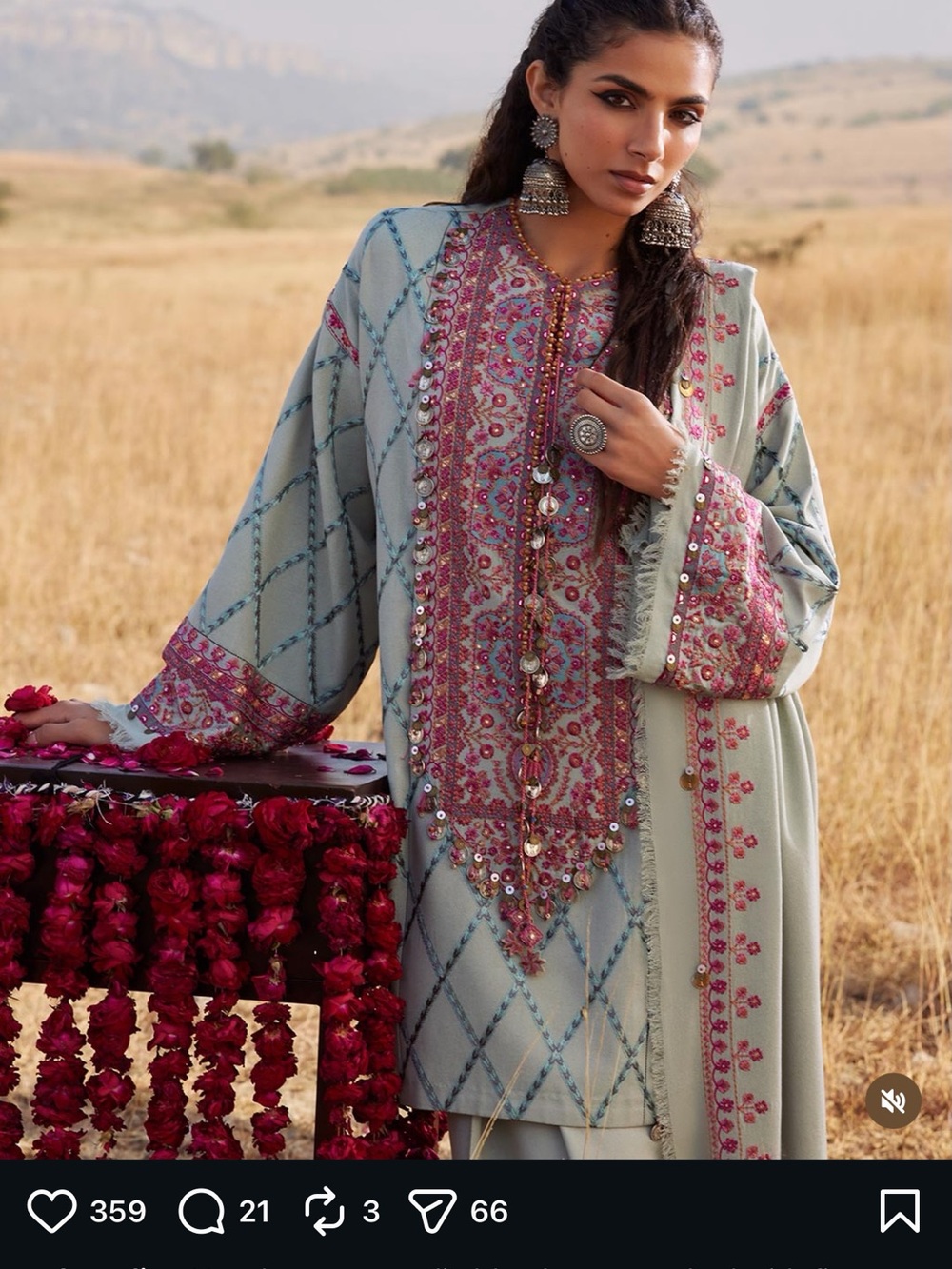 Embroidered Mint Green & Pink Kurta Set